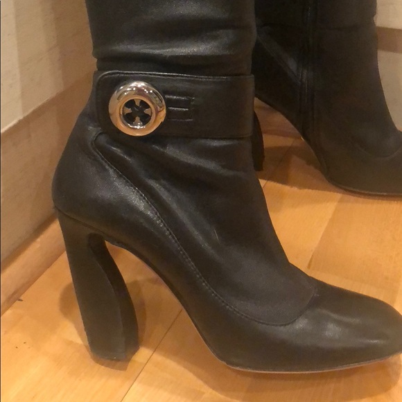 PRADA 4” Black Leather Designer Heel Buckle Boots - Picture 2 of 6
